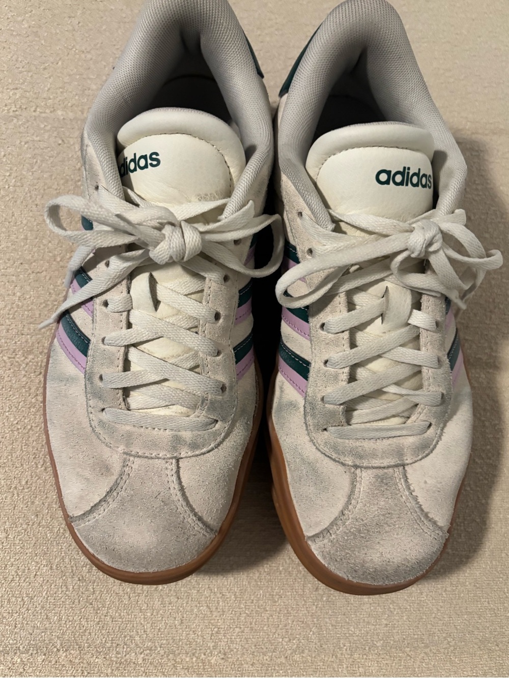 adidas Women’s White Suede Sneakers with Teal & Lavender Stripes